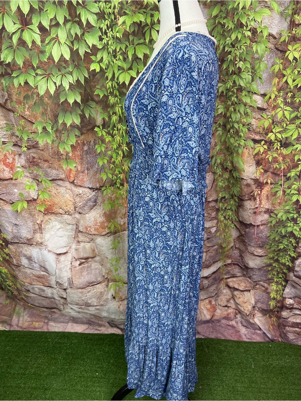 NWT ZARA Blue Floral Deep V-Neck Cottagecore Flutter Sleeve Maxi Dress, M - Picture 6 of 12